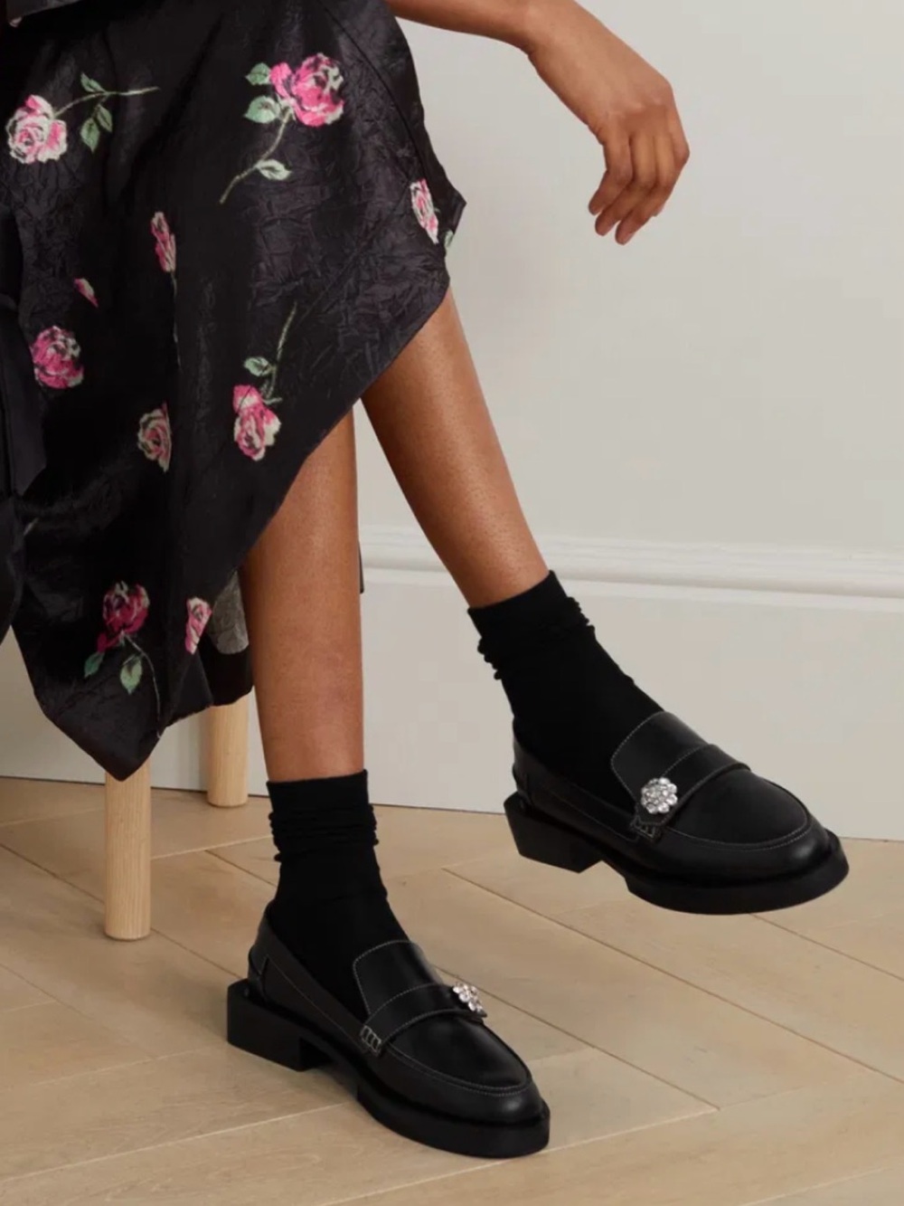 Ganni Black Leather Loafers with Crystal Buckle
